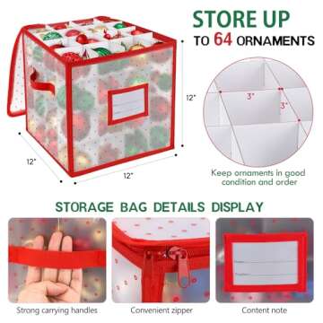BINSUNS Christmas Ornament Storage Box, Christmas Storage Containers Organizer Bag with Dividers - F...
