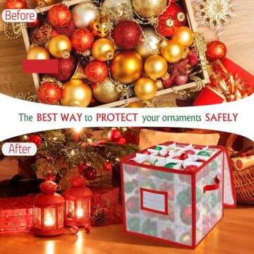 BINSUNS Christmas Ornament Storage Box, Christmas Storage Containers Organizer Bag with Dividers - Fits up to 64 Holiday Xmas Ornaments Decorations 3" Seasons Balls(Red)