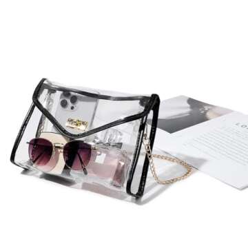 Clear Purse for Women Stadium Approved, Clear Crossbody Bag with Leather Edging for Concert Sports Events (Black - Gold Chain)