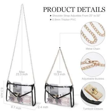 Clear Purse for Women Stadium Approved, Clear Crossbody Bag with Leather Edging for Concert Sports Events (Black - Gold Chain)