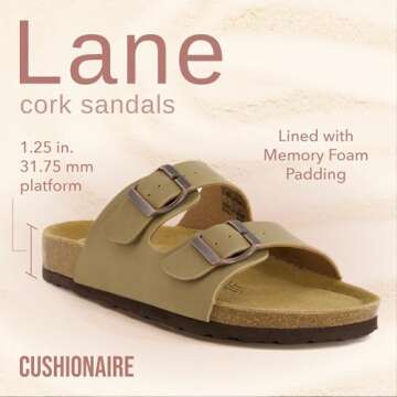 CUSHIONAIRE Lane Cork Footbed Sandals for Women – Comfortable Double Buckle Slip-On with Genuine S...
