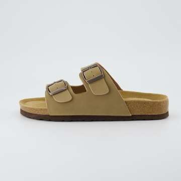 CUSHIONAIRE Lane Cork Footbed Sandals for Women – Comfortable Double Buckle Slip-On with Genuine Suede Footbed & Arch Support Slides for Women Footwear, TAUPE 6