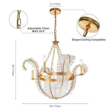 Longree Chic Antique Crystal Foral Chandelier, Gild Gold and Clear Hand Blown Glass Pendant Light Fixture for Living Room, Dining Area, Bedroom, Entryway, Foyer, Lobby, LR1526