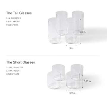 Fable Glassware Set - Includes 4 Tall Glasses and 4 Short Glasses - Lightweight, Dishwasher Safe, Glass Cups Bundle