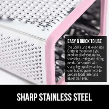 GORILLA GRIP 4-Sided 100% BPA-Free Cheese Grater With Container, Stainless Steel XL Box Grater, Parmesan Shredder, Grate Cheeses, Shred Veggies, Slip Resistant Handle, Dishwasher Safe Zester, Pink