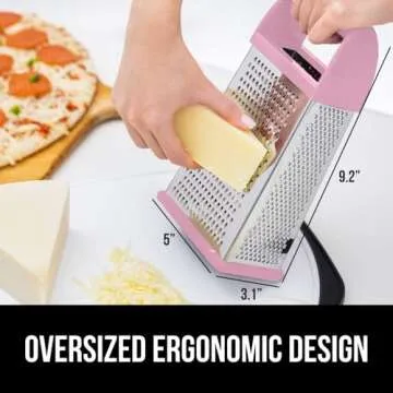 GORILLA GRIP 4-Sided 100% BPA-Free Cheese Grater With Container, Stainless Steel XL Box Grater, Parmesan Shredder, Grate Cheeses, Shred Veggies, Slip Resistant Handle, Dishwasher Safe Zester, Pink