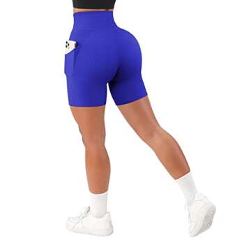 SUUKSESS Women Cross Waist Workout Shorts with Pockets Ribbed High Waisted Booty Biker Shorts (#1 Royal Blue, M)