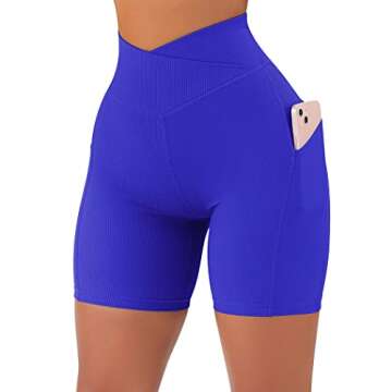 SUUKSESS Women Cross Waist Workout Shorts with Pockets Ribbed High Waisted Booty Biker Shorts (#1 Royal Blue, M)