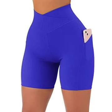 SUUKSESS Women Cross Waist Workout Shorts with Pockets Ribbed High Waisted Booty Biker Shorts (#1 Royal Blue, M)