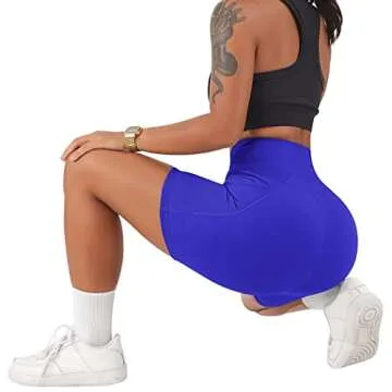SUUKSESS Women Cross Waist Workout Shorts with Pockets Ribbed High Waisted Booty Biker Shorts (#1 Royal Blue, M)