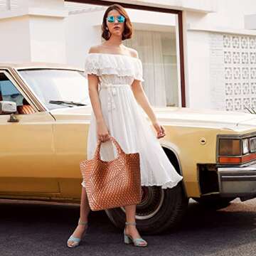 Woven Bag for Women, Vegan Leather Tote Bag Large Summer Beach Travel Handbag and Purse Retro Handma...