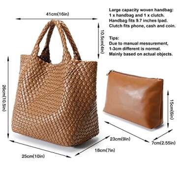 Woven Bag for Women, Vegan Leather Tote Bag Large Summer Beach Travel Handbag and Purse Retro Handmade Shoulder Bag (Brown)