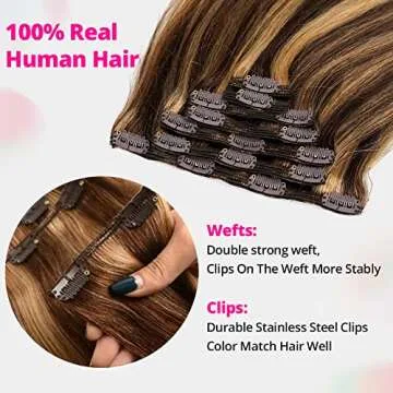 Asteria Hair Clip In Hair Extensions Real Human Hair for Women Highlights Chocolate Brown to Caramel Blonde Colored Hair Extensions Straight Hair 7pcs 120g 16 Inch Clip In Human Hair Extensions
