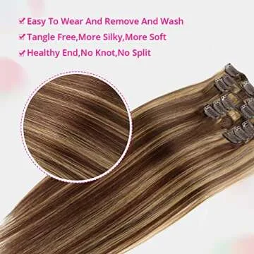 Asteria Hair Clip In Hair Extensions Real Human Hair for Women Highlights Chocolate Brown to Caramel Blonde Colored Hair Extensions Straight Hair 7pcs 120g 16 Inch Clip In Human Hair Extensions