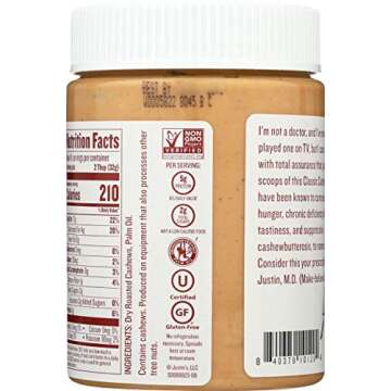 Justin's Classic Cashew Butter, Only Two Ingredients, No Stir, Gluten-free, Non-GMO, Responsibly Sourced, 12oz Jar