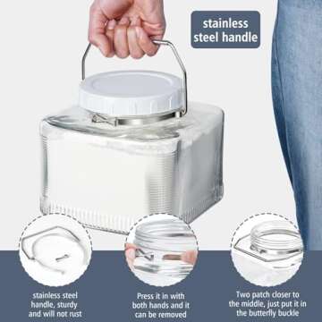 2 Pack 1 Gallon Glass Jar with Lid Square Large Mason Jar with Stainless Steel Handle and Leak Proof Screw Lid for Storing Eggs, Flour, Kombucha, Sugar, Pickle - Extra Gasket, Reusable Labels and Pen
