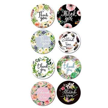 1000 Thank You Stickers Roll with Flowers - 8 Styles, 1 inch Round Label Stickers for Business Favors Giveaways Birthday Gift Bags Baby Shower Wedding
