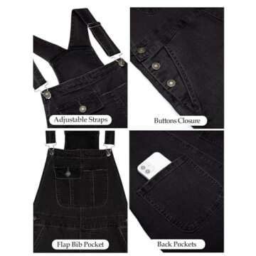 Vetinee Women's Faded Black Overalls for Women Classic Relaxed Fit Womens Bib Overalls Adjustable Straps Denim Jumpsuit for Women High Rise Jean Jumpsuits for Women Fit Size Medium M Size 8 Size 10