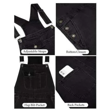 Vetinee Women's Faded Black Overalls for Women Classic Relaxed Fit Womens Bib Overalls Adjustable Straps Denim Jumpsuit for Women High Rise Jean Jumpsuits for Women Fit Size Medium M Size 8 Size 10