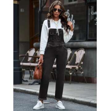 Vetinee Women's Faded Black Overalls for Women Classic Relaxed Fit Womens Bib Overalls Adjustable Straps Denim Jumpsuit for Women High Rise Jean Jumpsuits for Women Fit Size Medium M Size 8 Size 10