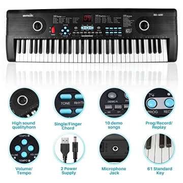 61 Key Keyboard Piano, Electric Piano Music Keyboard with Teaching Mode, Microphone, Sheet Music Stand and Power Supply, portable keyboard piano for Beginners-A3