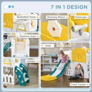 Qaba 8 in 1 Toddler Slide for Kids Age 1-3 Years, Indoor Kids Slide Playset with Basketball Hoop, Climber, Telescope, Tunnel, Steering Wheel, Aisle, Storage Baskets, Yellow