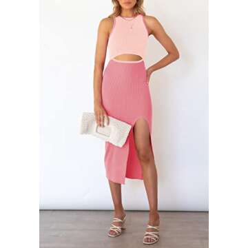 Pink Queen Cutout Dresses for Women Sexy Sleeveless Knee Length Cocktail Bodycon Ribbed Midi Dress P...