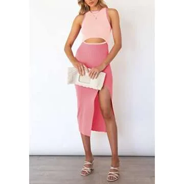 Pink Queen Cutout Dresses for Women Sexy Sleeveless Knee Length Cocktail Bodycon Ribbed Midi Dress Pink S