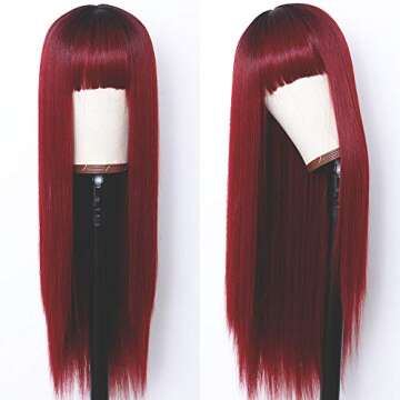 Freyja Hair Long Straight Cosplay Synthetic Wig with Bangs Wine Red Wigs Heat Resistant Hair Wig Mac...
