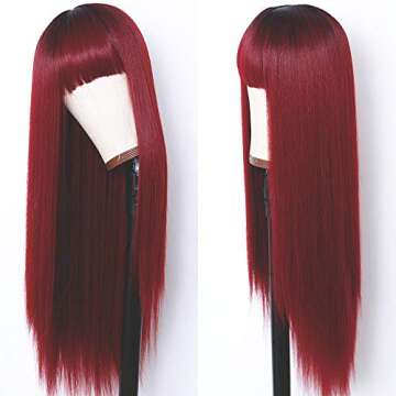 Freyja Hair Long Straight Cosplay Synthetic Wig with Bangs Wine Red Wigs Heat Resistant Hair Wig Machine Made for Women(24Inch, Wine Red)