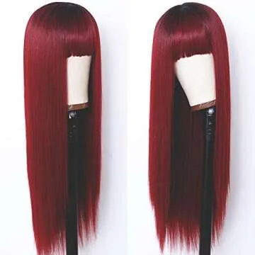 Freyja Hair Long Straight Cosplay Synthetic Wig with Bangs Wine Red Wigs Heat Resistant Hair Wig Machine Made for Women(24Inch, Wine Red)