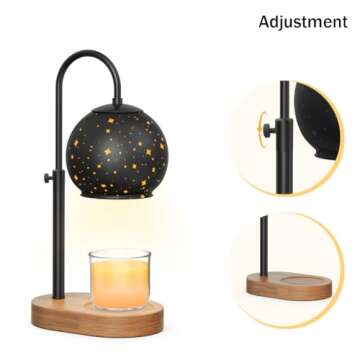 Yeuslor Black Candle Warmer Lamp with Timer&Dimmer，Star Lampshade with Adjustable Height＆Rotatable Pole，Wooden Base for Jar Candles，Wax Melting Electric Warmer Light，Modern Warmer Lantern （1pcs）