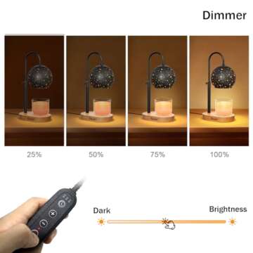 Yeuslor Black Candle Warmer Lamp with Timer&Dimmer，Star Lampshade with Adjustable Height＆Rotatable Pole，Wooden Base for Jar Candles，Wax Melting Electric Warmer Light，Modern Warmer Lantern （1pcs）