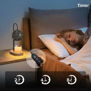 Yeuslor Black Candle Warmer Lamp with Timer&Dimmer，Star Lampshade with Adjustable Height＆Rotatable Pole，Wooden Base for Jar Candles，Wax Melting Electric Warmer Light，Modern Warmer Lantern （1pcs）