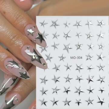 6 Sheets Star Nail Stickers for Nail Art 3D Black Gold Silver Star Nail Art Stickers Self-Adhesive S...