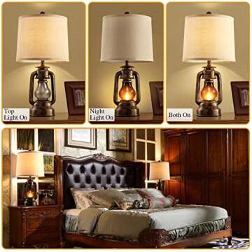 RORIANO Farmhouse Lantern Table Lamps for Living Room Set of 2, Vintage Bedroom Resin Lamp with Dual USB Charging Ports, Rustic Retro Bedside Nightstand Desk Lamp, Linen Fabric Shade, 4 Bulb Included
