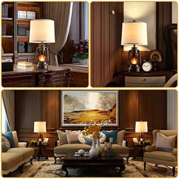 RORIANO Farmhouse Lantern Table Lamps for Living Room Set of 2, Vintage Bedroom Resin Lamp with Dual USB Charging Ports, Rustic Retro Bedside Nightstand Desk Lamp, Linen Fabric Shade, 4 Bulb Included