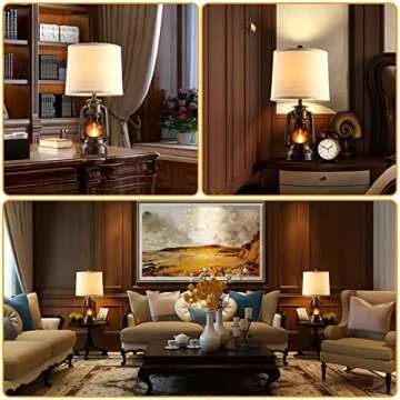 RORIANO Farmhouse Lantern Table Lamps for Living Room Set of 2, Vintage Bedroom Resin Lamp with Dual USB Charging Ports, Rustic Retro Bedside Nightstand Desk Lamp, Linen Fabric Shade, 4 Bulb Included