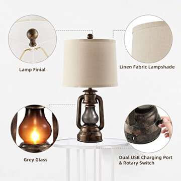 RORIANO Farmhouse Lantern Table Lamps for Living Room Set of 2, Vintage Bedroom Resin Lamp with Dual USB Charging Ports, Rustic Retro Bedside Nightstand Desk Lamp, Linen Fabric Shade, 4 Bulb Included