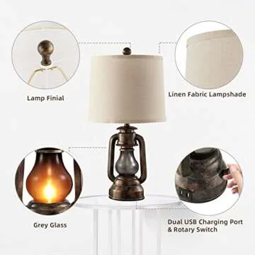RORIANO Farmhouse Lantern Table Lamps for Living Room Set of 2, Vintage Bedroom Resin Lamp with Dual USB Charging Ports, Rustic Retro Bedside Nightstand Desk Lamp, Linen Fabric Shade, 4 Bulb Included