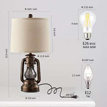 RORIANO Farmhouse Lantern Table Lamps for Living Room Set of 2, Vintage Bedroom Resin Lamp with Dual USB Charging Ports, Rustic Retro Bedside Nightstand Desk Lamp, Linen Fabric Shade, 4 Bulb Included
