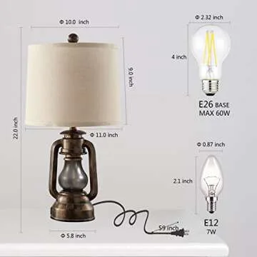 RORIANO Farmhouse Lantern Table Lamps for Living Room Set of 2, Vintage Bedroom Resin Lamp with Dual USB Charging Ports, Rustic Retro Bedside Nightstand Desk Lamp, Linen Fabric Shade, 4 Bulb Included