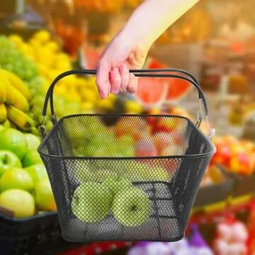 SSWBasics Black Metal Shopping Basket with Handles - 17”W x 12”D x 7”H - Durable and Sleek Grocery Basket for Grocery, Market, Retail, and Thrift Stores - Lightweight, Stackable Shopping Baskets for