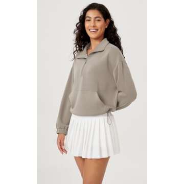 ODODOS Women's Modal Soft Cinchable Sweatshirts Half Zipper Funnel Neck Oversize Pullover with Pockets, Khaki, Small