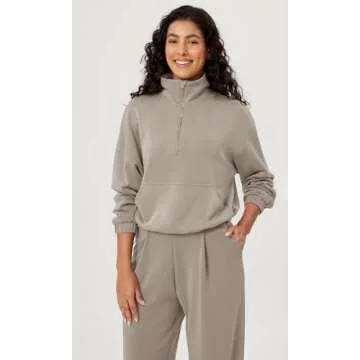ODODOS Women's Modal Soft Cinchable Sweatshirts Half Zipper Funnel Neck Oversize Pullover with Pockets, Khaki, Small