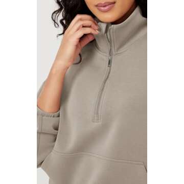 ODODOS Women's Modal Soft Cinchable Sweatshirts Half Zipper Funnel Neck Oversize Pullover with Pockets, Khaki, Small