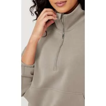 ODODOS Women's Modal Soft Cinchable Sweatshirts Half Zipper Funnel Neck Oversize Pullover with Pockets, Khaki, Small