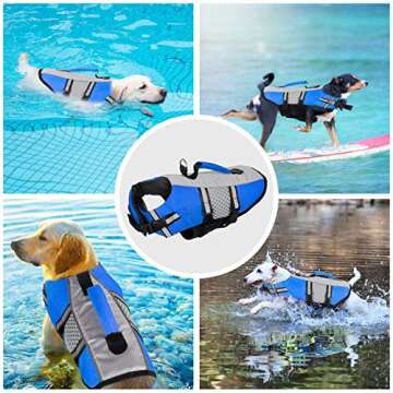 Dog Life Jacket Swimming Vest, Adjustable Dog Flotation Vest High Reflective Pet Life Preserver with Rescue Handle for Small Medium Large Dogs (Large, Blue)