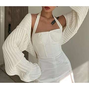 LOFAAC Women Y2K Open Front Rib Knit Shrug Crop Cardigan Solid Drop Shoulder Puff Long Sleeve Sweater Tops Outerwear(L,US,Women,White)