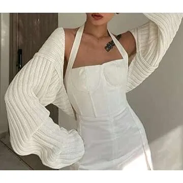 LOFAAC Women Y2K Open Front Rib Knit Shrug Crop Cardigan Solid Drop Shoulder Puff Long Sleeve Sweater Tops Outerwear(L,US,Women,White)